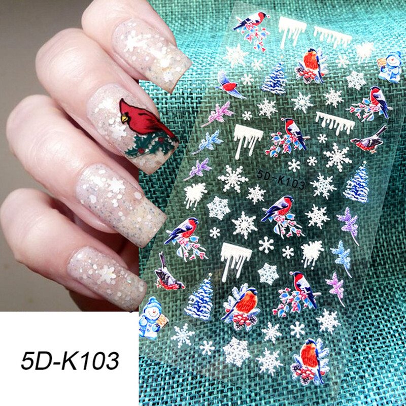4set New Year Nail Art 5D Adhesive Stickers Embossed Color Christmas Nail Decals