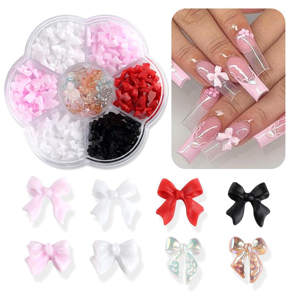 3D Colorful Bow Nail Charms, Pink White Red Black Aurora Bowknot Resin Ribbon…