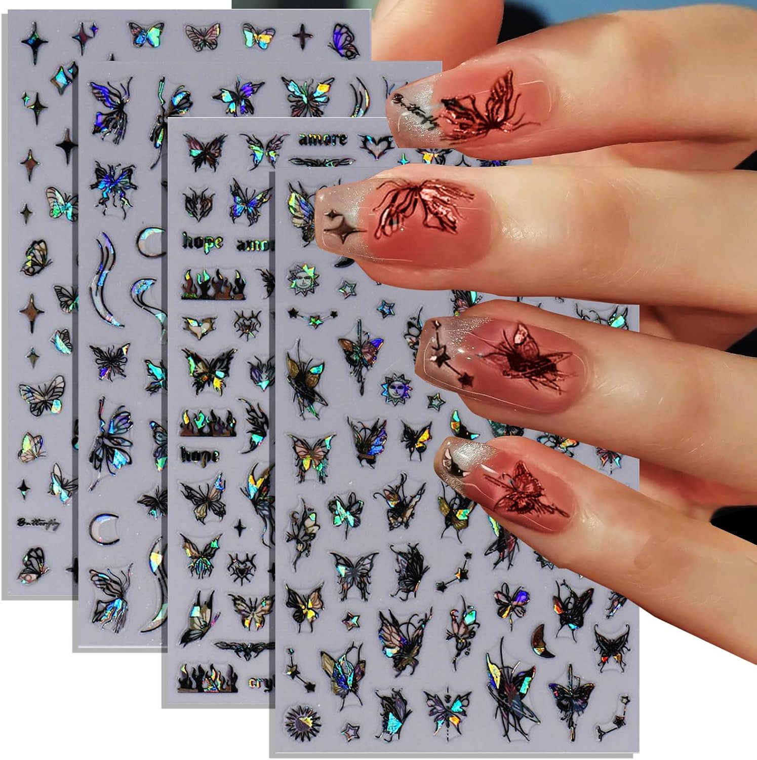 8Pcs 3D Laser Black Butterfly Nail Stickers for Women Holographic Butterfly Nail