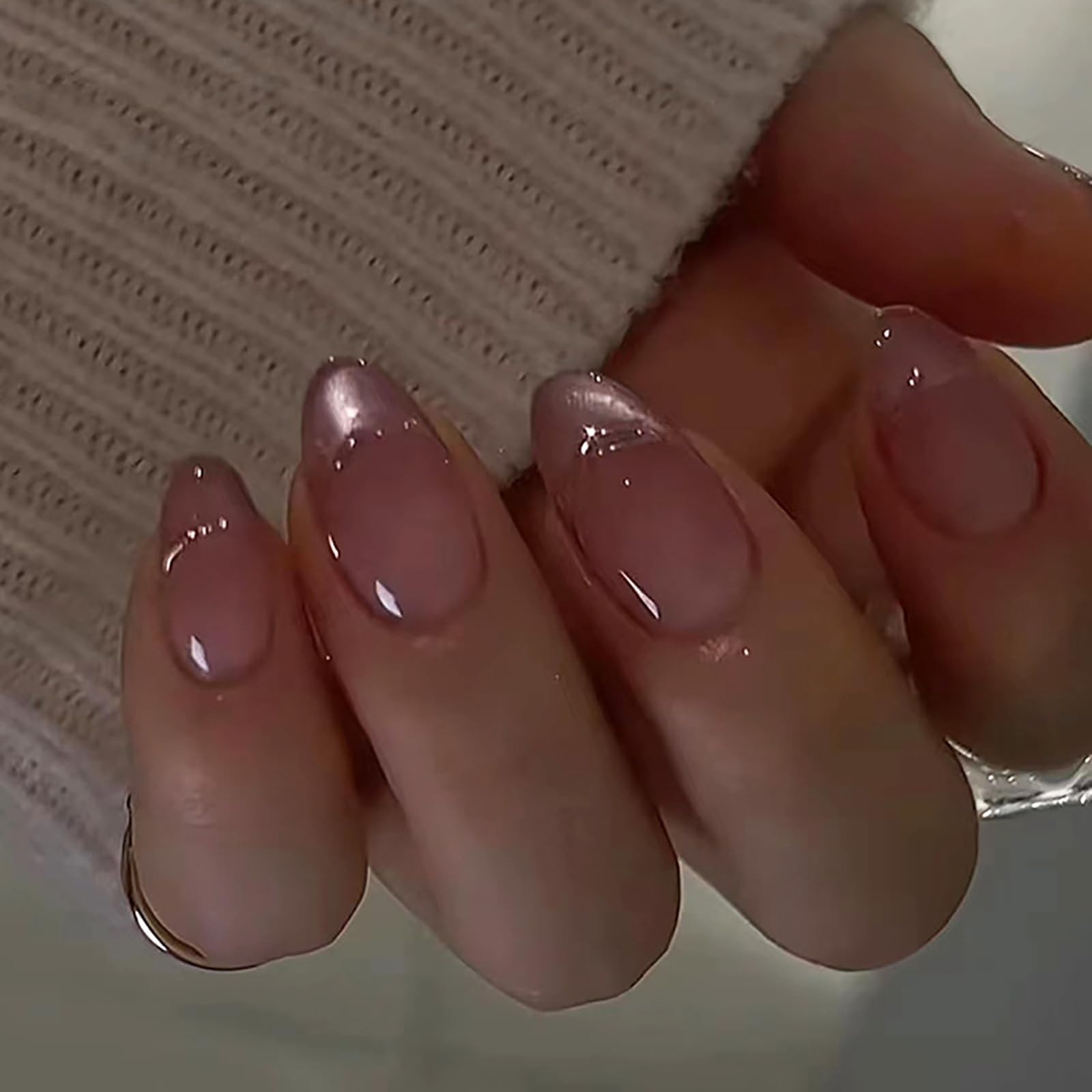 Press on Nails Short Almond Petite French Fake Nails Pink Full Cover Sliver N…