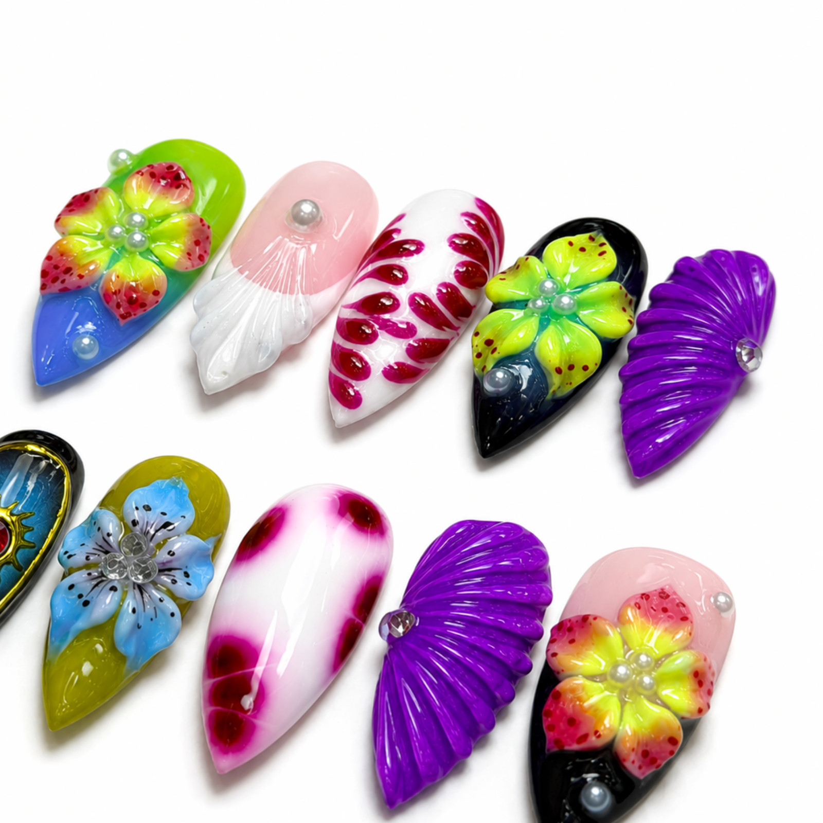 Handmade Colorful 3D Floral Shell Press On Nails Pearl Gem Set