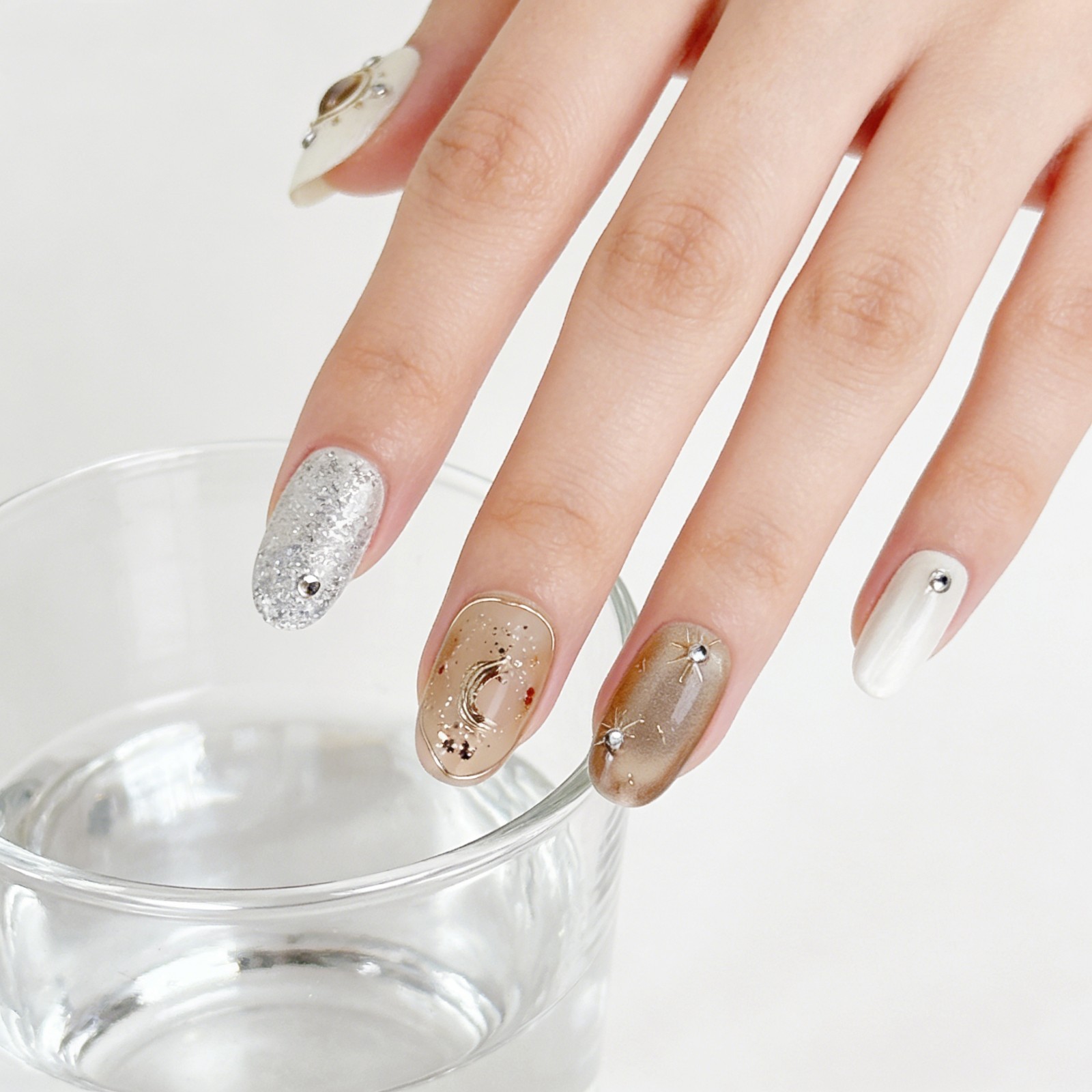 Gilded Galaxy Press On Nails Oval Metallic Rhinestone Handmade Set Gift For Her
