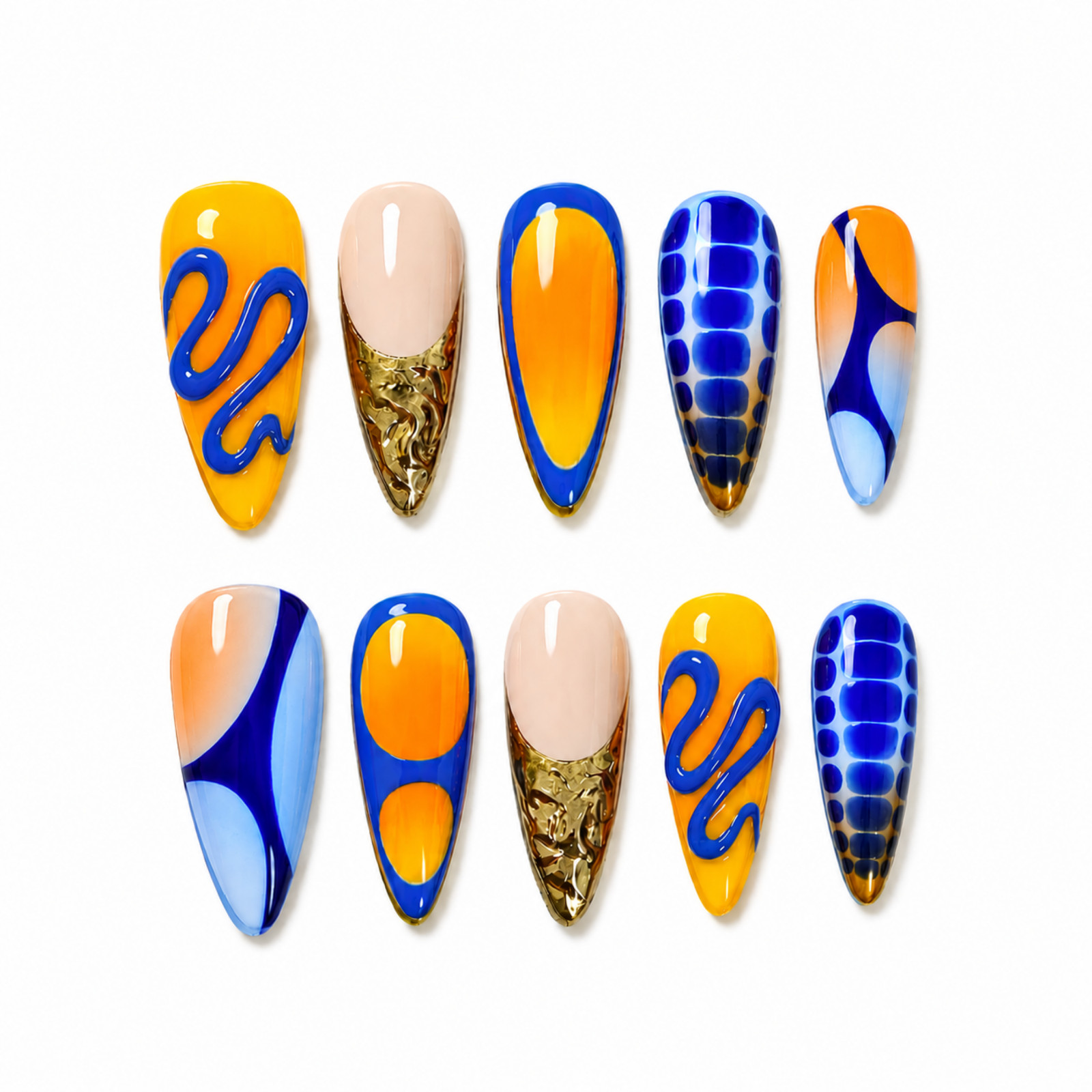 Handmade Blue Orange Gold Abstract Press On Nails Custom Size Set