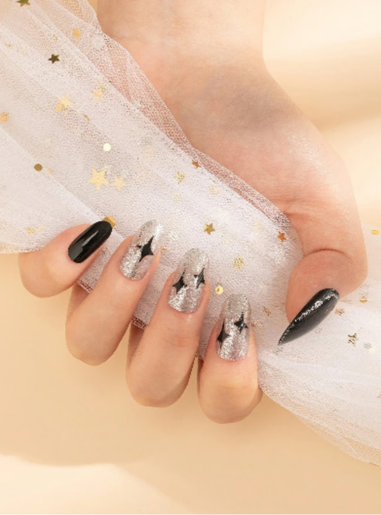 Black & Silver Glitter short Press On Nails NEW retro 50’s Vegas style starburst