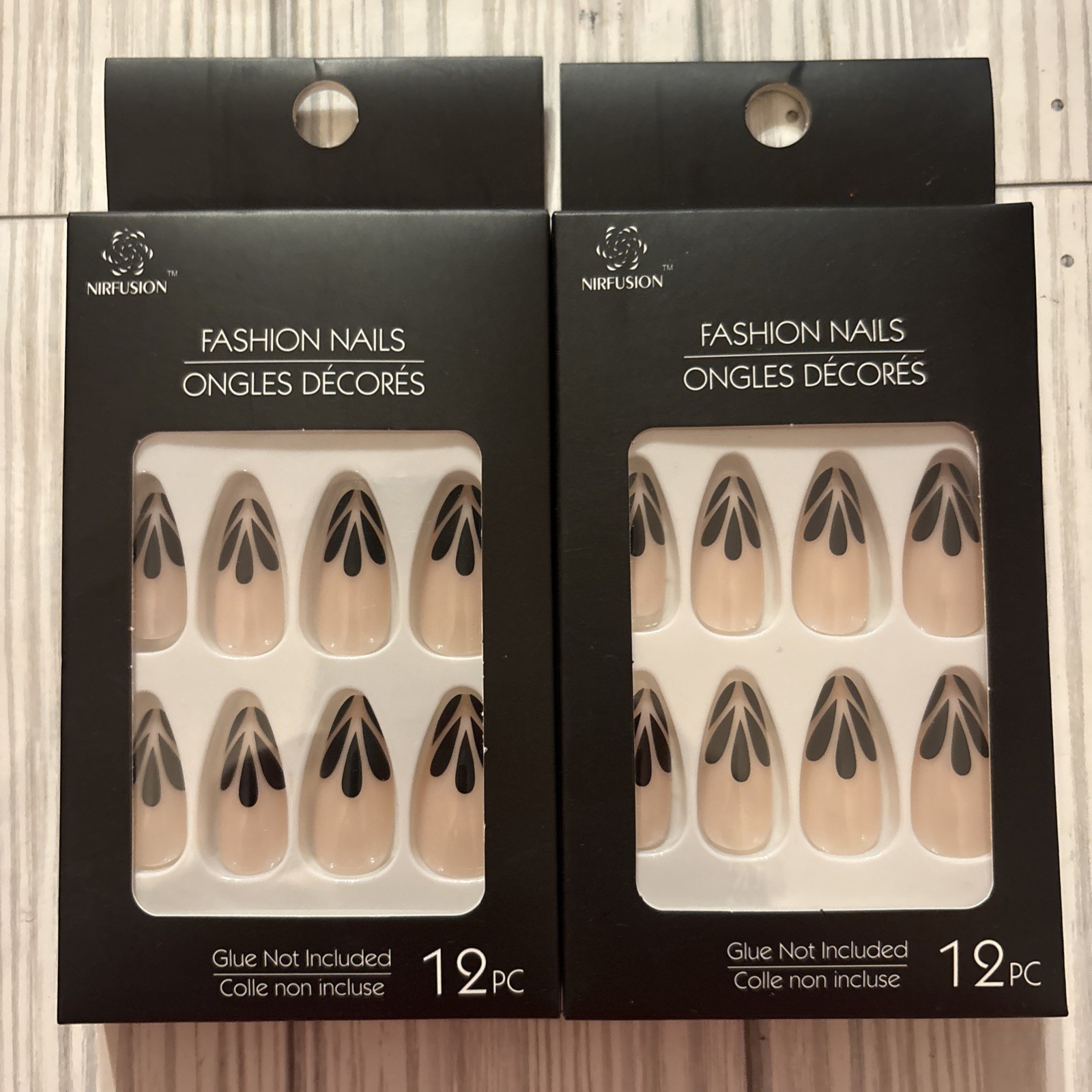 Nirfushion Press On Nails Lught Pink Black Design 2 Pack 24 Nails No Glue NEW