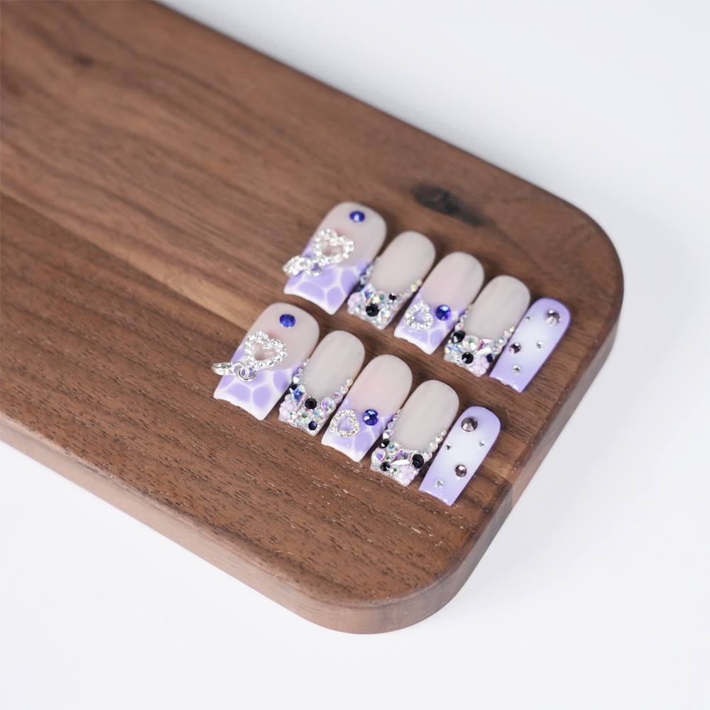 10pcs-Heart French Tip Sparkle Press on Nails Square Nail Set Reusable Handmade