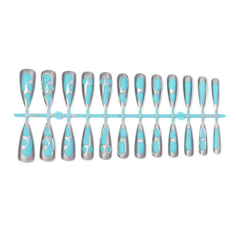 72Pcs-Metallic Long Almond False Nails Jade Inlay Cool Trend Gothic Nail Art
