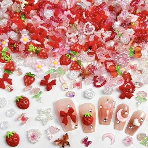 100pcs 3D Pink Red Strawberry Flower Nail Charms Camellia Rose Cherry