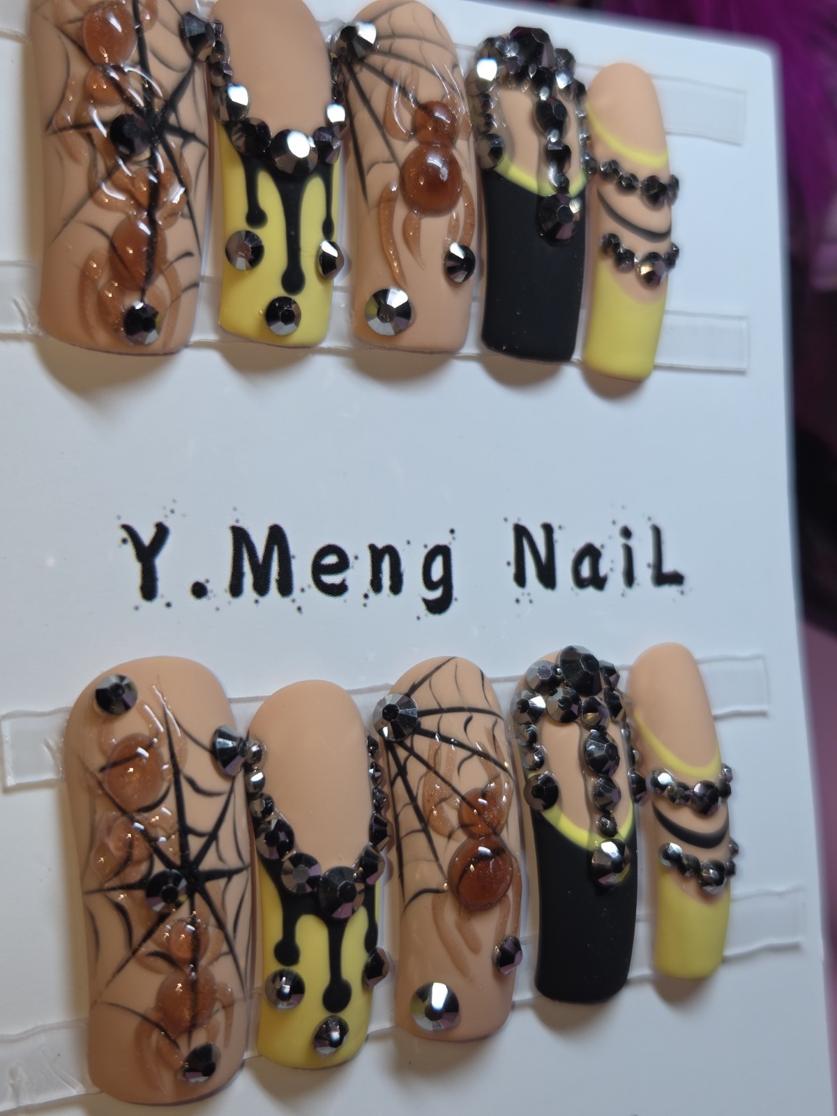 Halloween Press-On Nails, Medium, Yellow black french tip spider matte