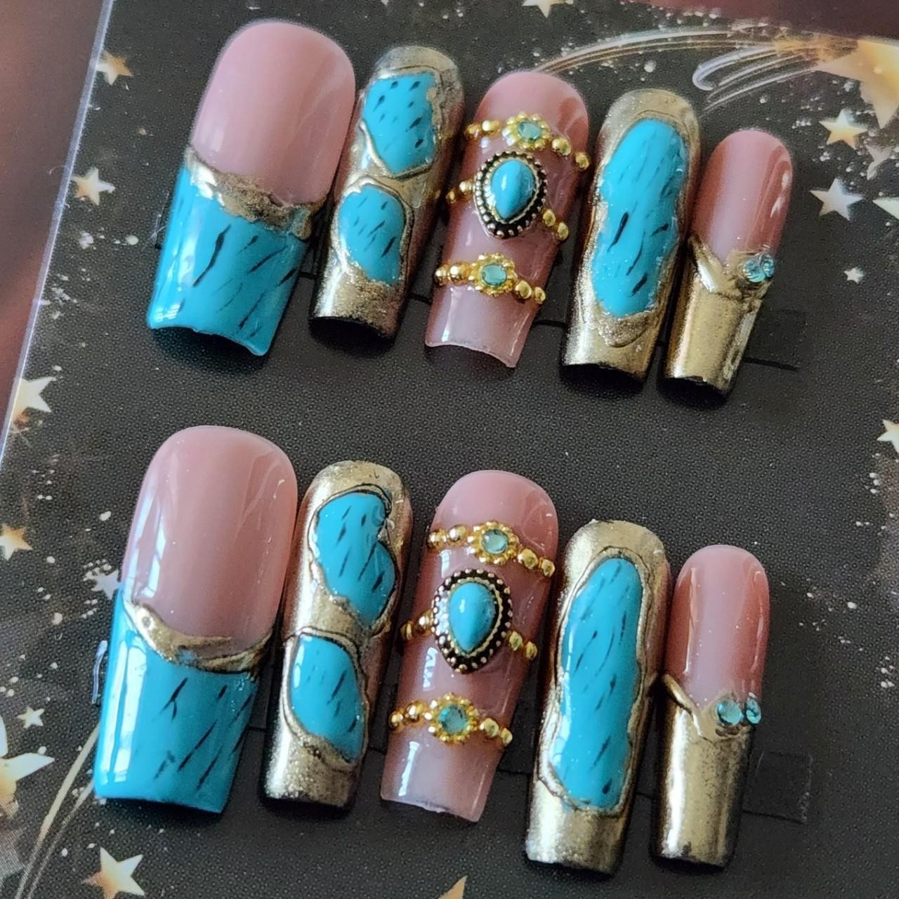 Turquoise gem & Gold 3.0 French tip, Long Coffin Bangle Nails. Size S.