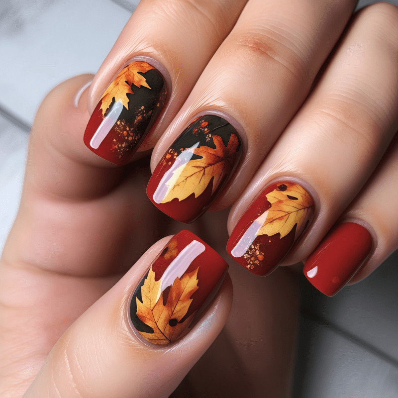 48 Pcs Maple Leaf Short Square Press on Nails, Vintage Autumn Daily Fake Nails
