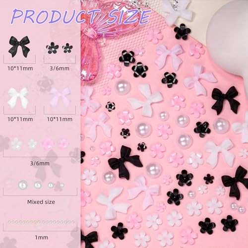 3D Bow Nail Charms and Gems, Pink Black Bows Flower Nail Art Charms Alloy Set-3