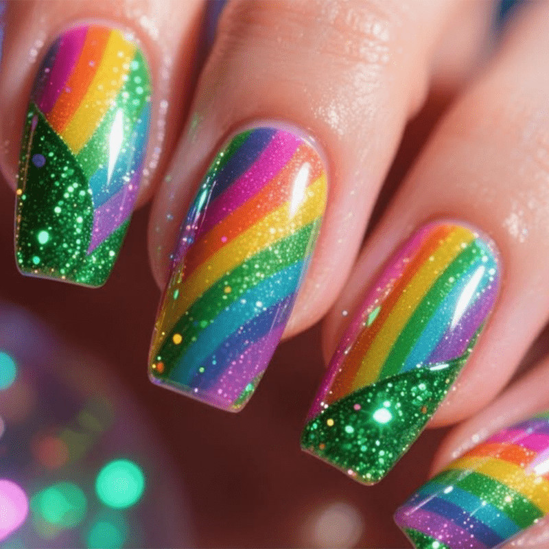 48P Rainbow Glitter Stripe Coffin Press on Nails, Bright Summer Daily Fake Nails