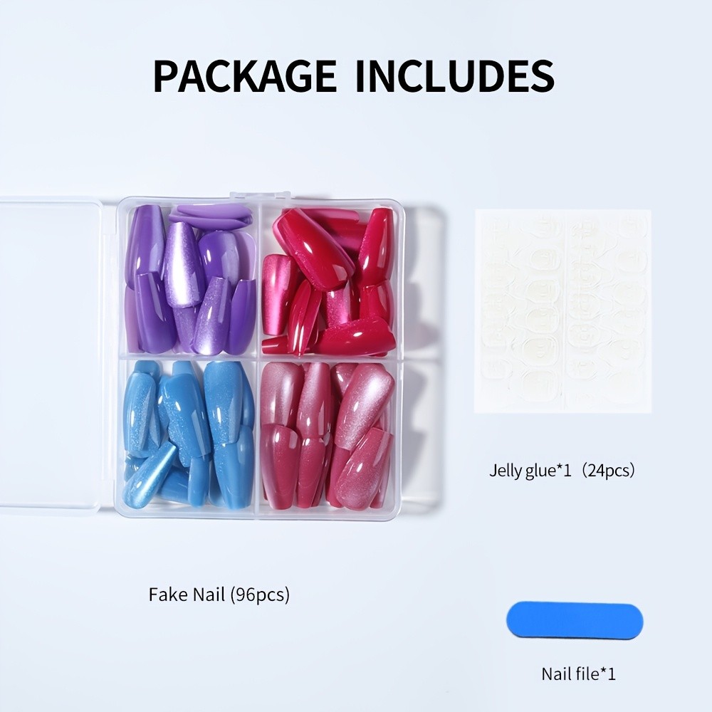 96pcs(4Pack) Long Cat-Eye Press On Nails Reusable Detachable Fashion False Nails