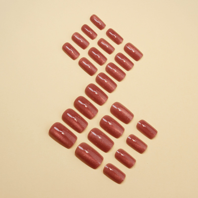 48 Pcs Wine Red Cat Eye Short Square Press on Nails, Bright Elegant Fake Nails