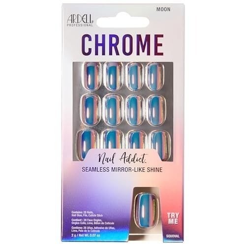 ARDELL Nail Addict Press-On 28 Nails CHROME Short Oval MOON Iridescent Blue