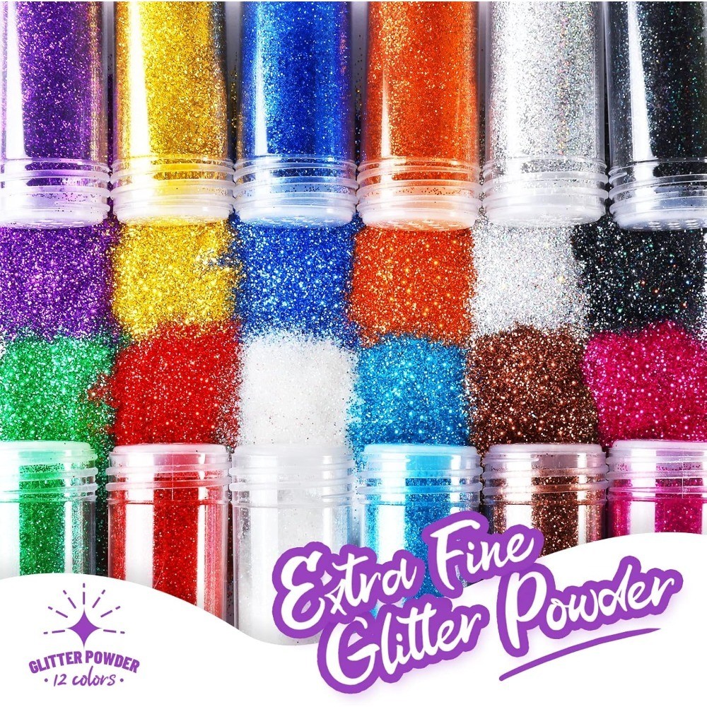 Extra Fine Glitter Powder 12 Color Set 10g Shake Jars for Arts Crafts Nail Art