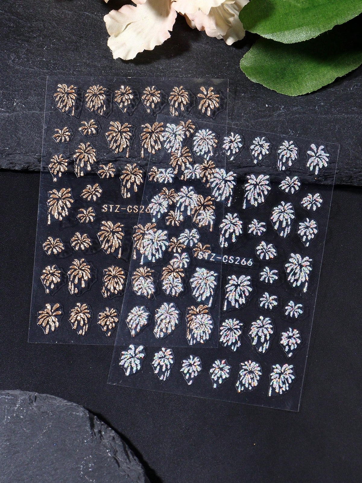2pcs Gold Silver Fireworks Pattern Nail Art Stickers Self Adhesive Shiny