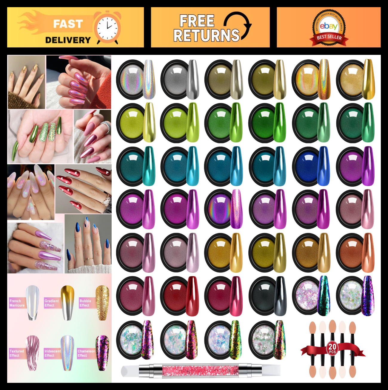 40 Colors Mirror Chrome Nail Powder Set – Iridescent Holographic Metallic Pigmen