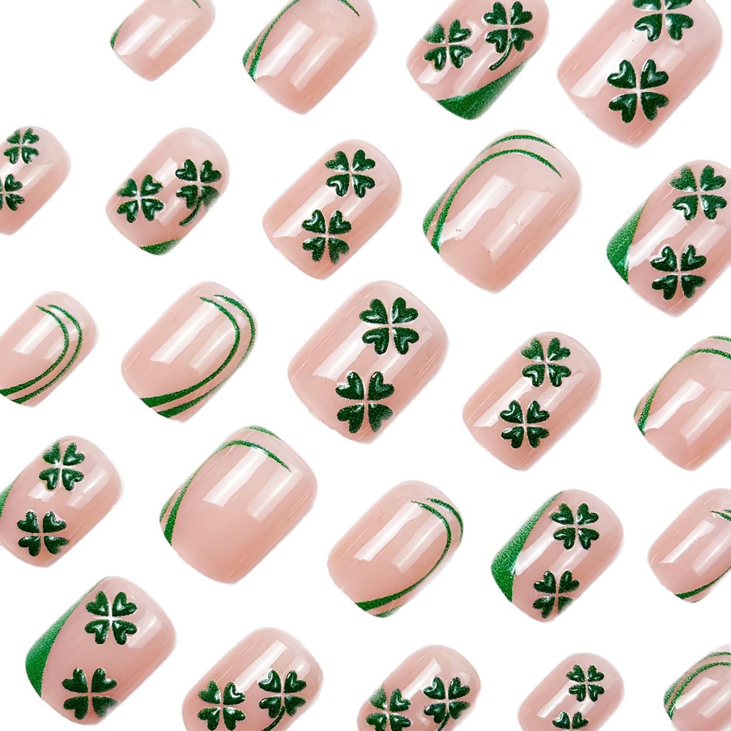 Green Shamrock Fake Nails Short Square Press On Nails French St. Patrick’s Da…