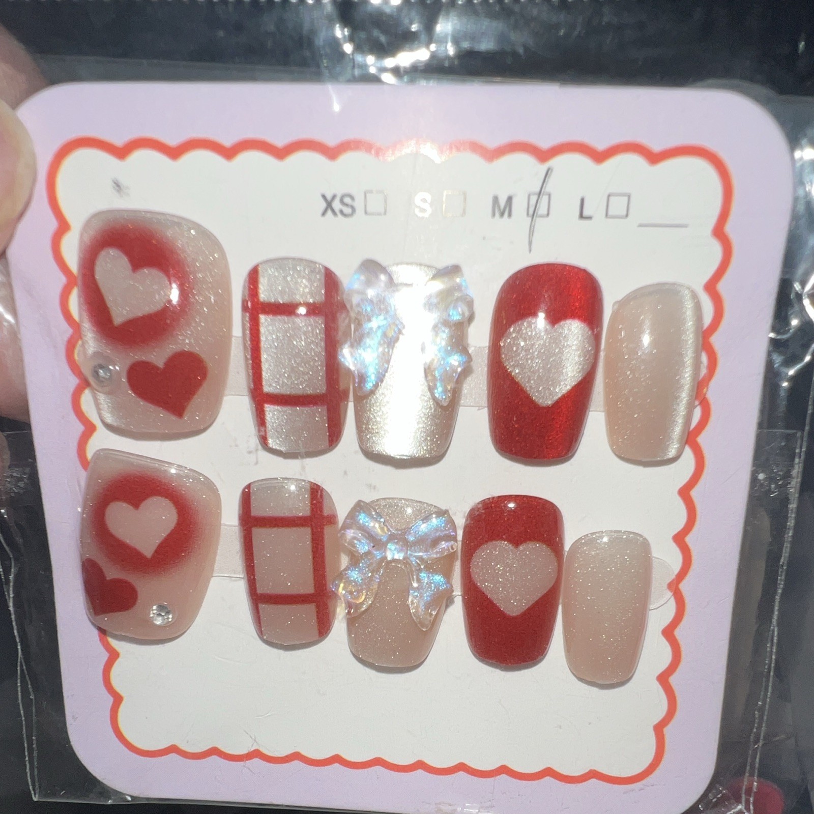 Medium Square Press-On Nails Full Cover Glitter 3D Red/Nude/White Heart Bow