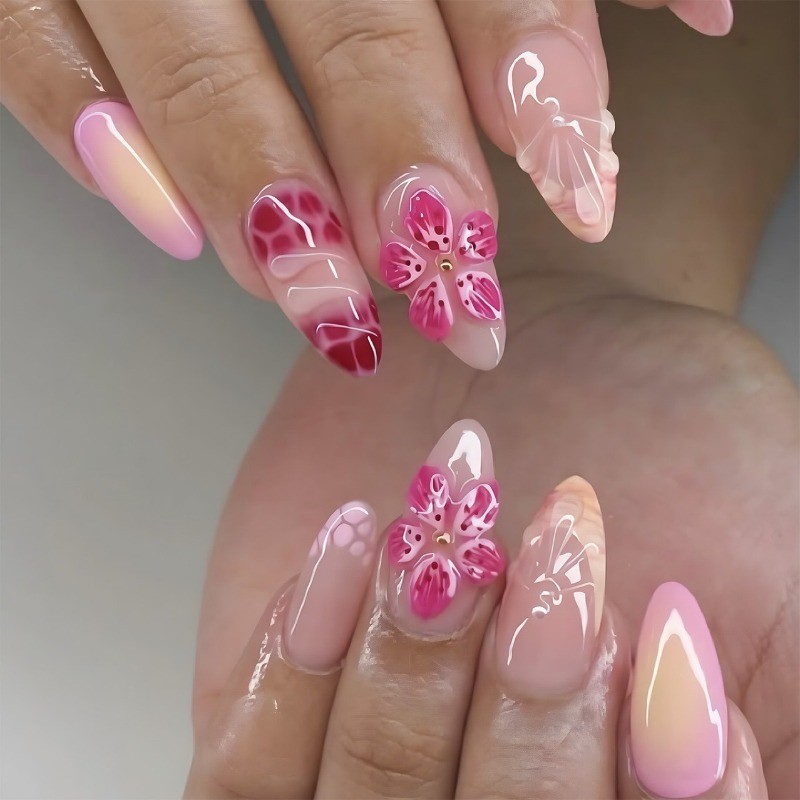 48pcs Sweet Pink Spring 3D Flower Wearing Medium Long Pointed Press On Nails
