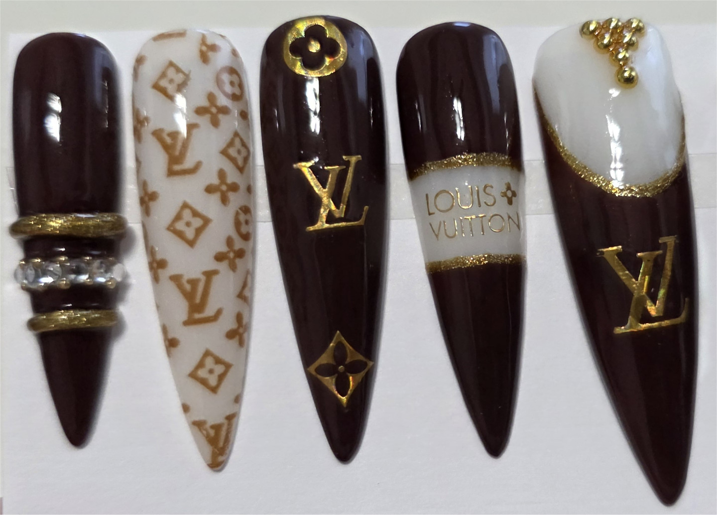 10 Pcs Press On Nails Custom Gel Luxury Brown Gold Full Set Long Nail +Kit M