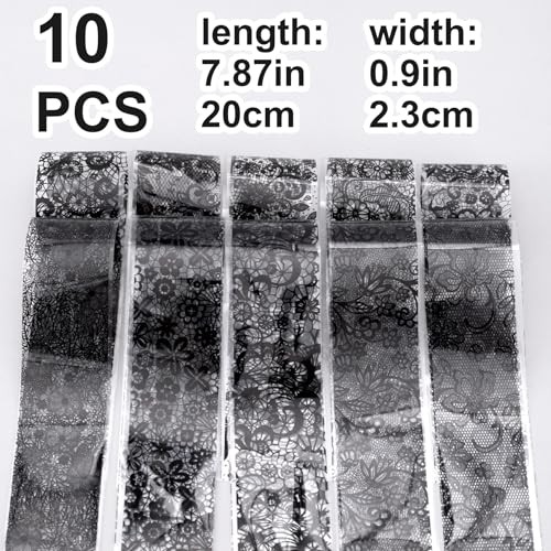 10 Sheets Nail Transfer Foil, Lace Nail Foil, Lace Nails Black (20×2.3cm)