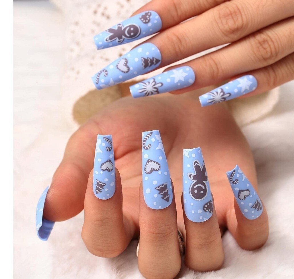 24 Matte Blue Christmas Press on nails kit glue on snow flake festive winter