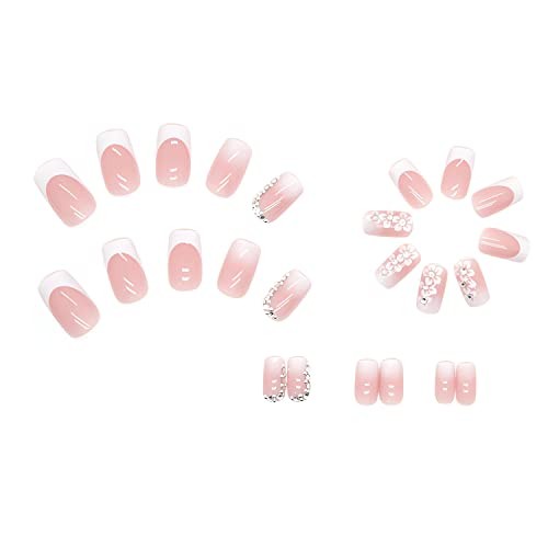 SINSEN Pink Square Fake Nails French Tip Press on Nails Medium Length, 24Pcs