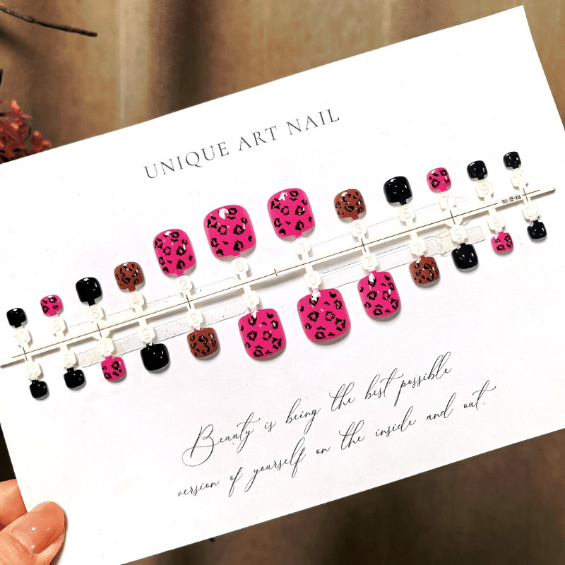 48pcs Short Square Press on Toe Nails, Hot Pink Black Leopard Print Gloss Nails