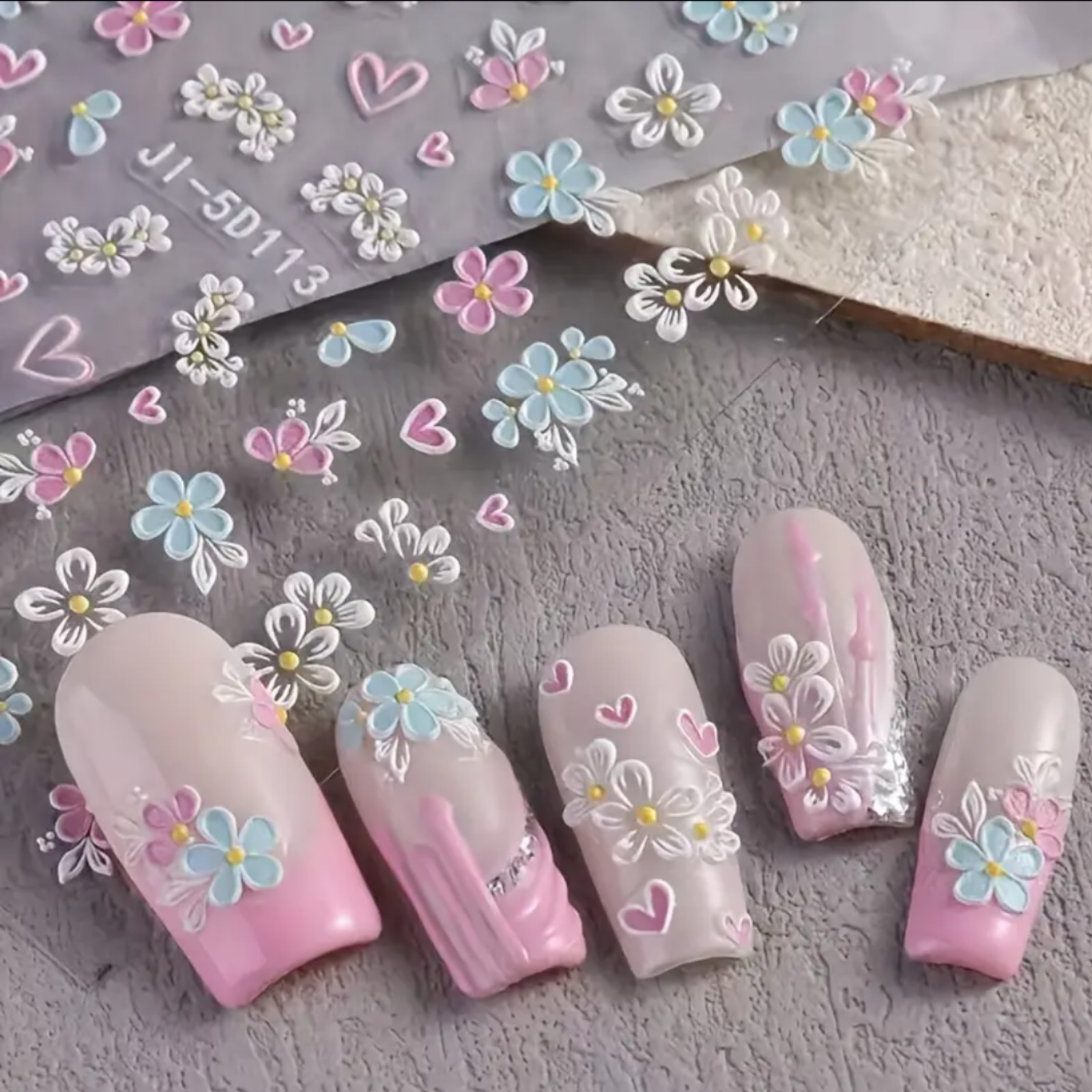 5D Embossed Floral Nail Art Stickers,Spring & Summer Fantasy Manicure Decoration