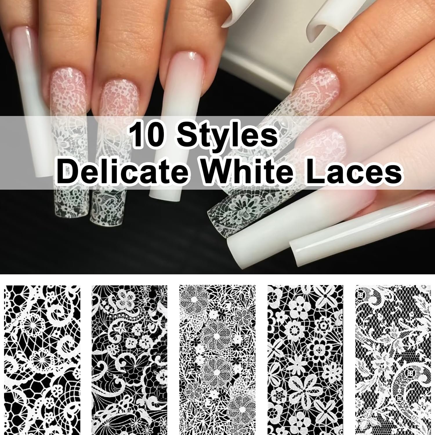 Holographic Lace Nail Foil Sheets 20 Rolls for DIY Nail Art Black and White
