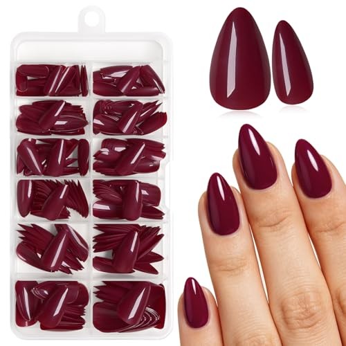 Burgundy 240pc Almond Press on Nails – Short Fake Nails with Glue Tabs