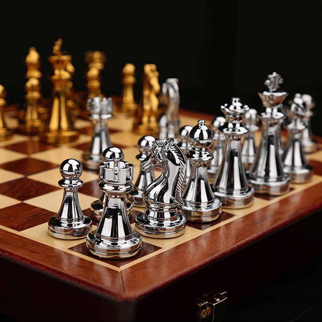 11Inch Large Deluxe Metal Chess Set – Portable Wooden 11 inches, Silver Gold