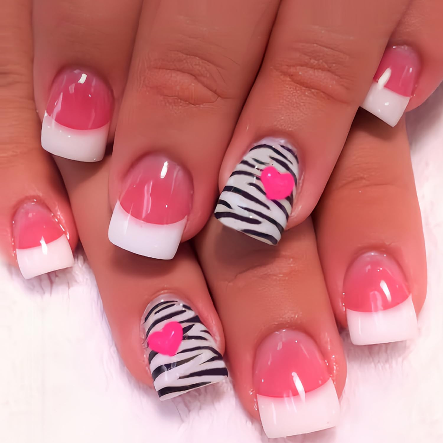 24Pcs Valentines Press on Nails Short Square Artificial Acrylic French White Tip