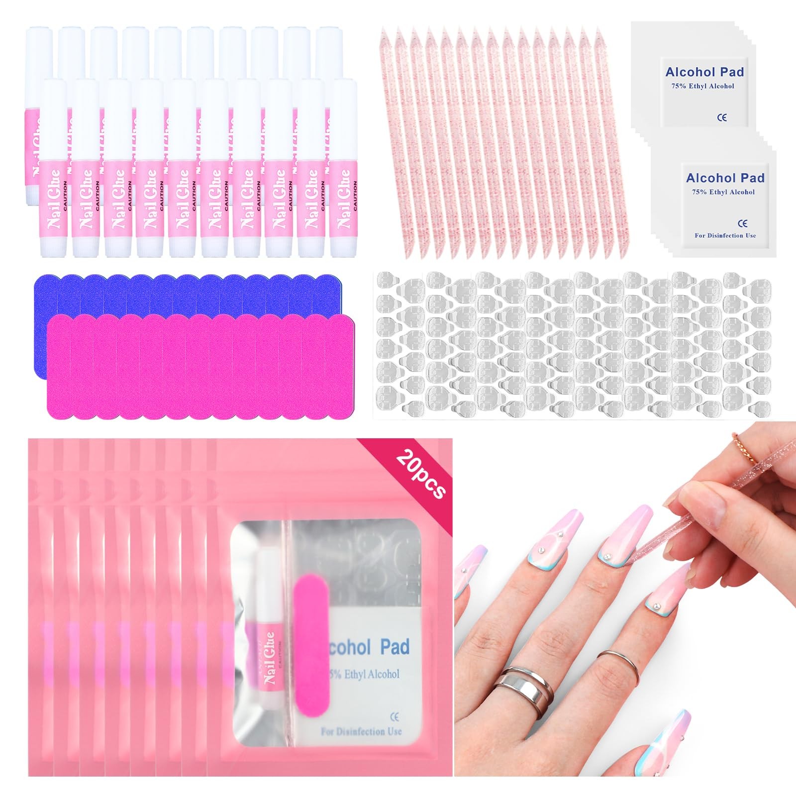 20PCS Press on Nail Tool Kit: Nail Prep Kit with Nail Glue, Adhesive Tabs, Mini