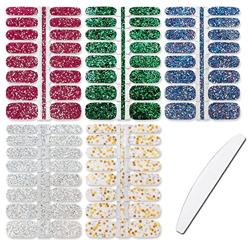 5 Sheets Nail Polish Strips Set with 1pc Nail File Glitter Sequins Design KIT4