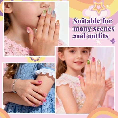 104 Pcs Kids Press-On Nails Set – 4 Pack Artificial Fake Nails for Girls, Nail A