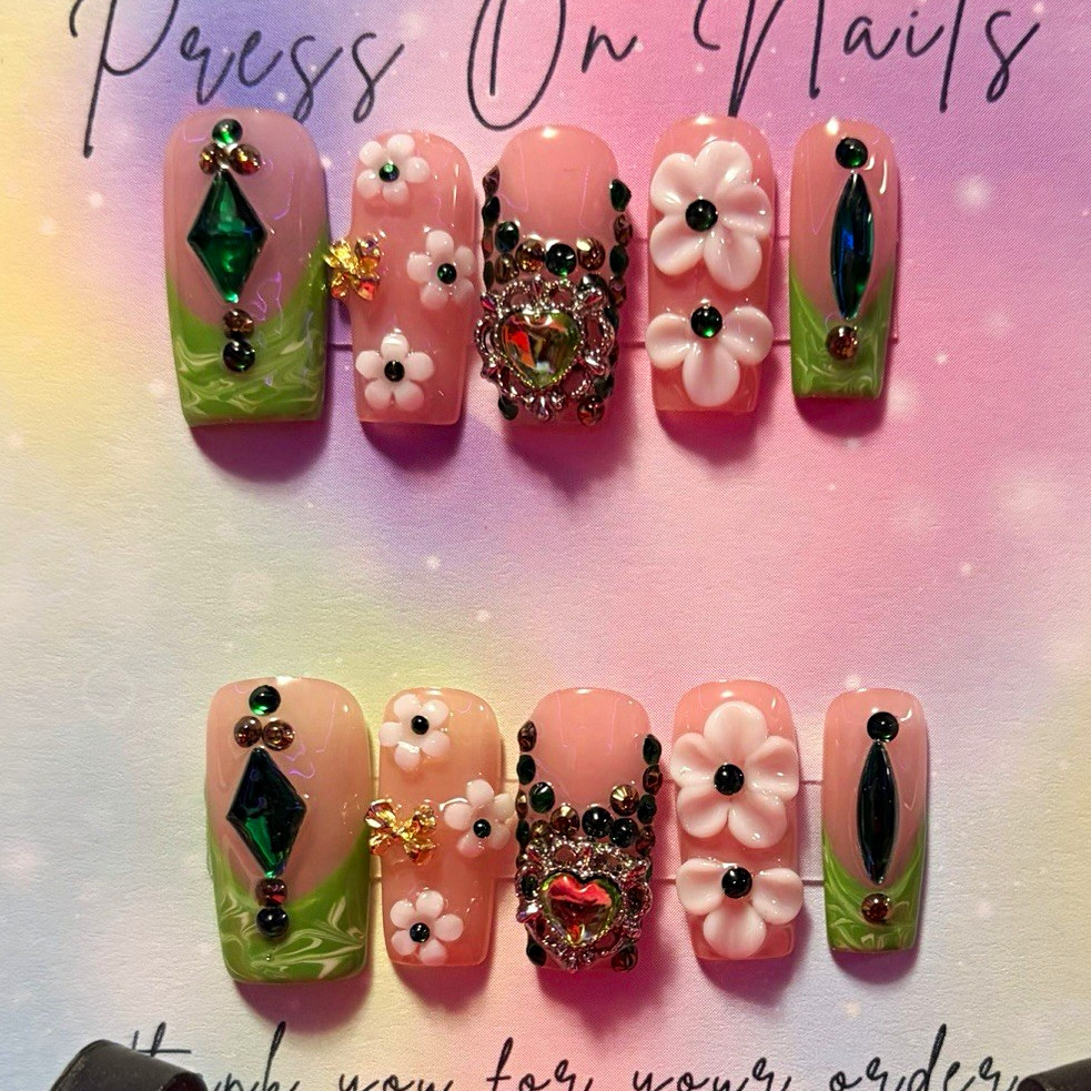 Homemade Pink/Green/White 3D Floral Square Press-On Nails Set, Medium
