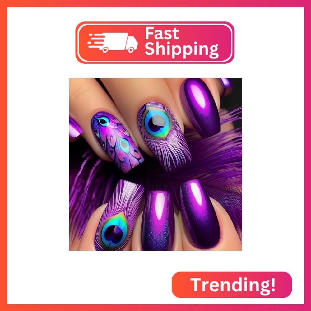 Peacock Press on Nails Long Square Fake Nails with Design Ombre Purple Glue on N