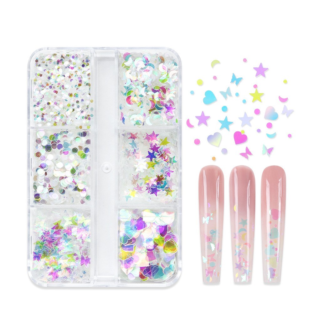 6 Grids Nail Art Glitter Sequins Star Moon Heart Butterfly DIY Nails Decoration