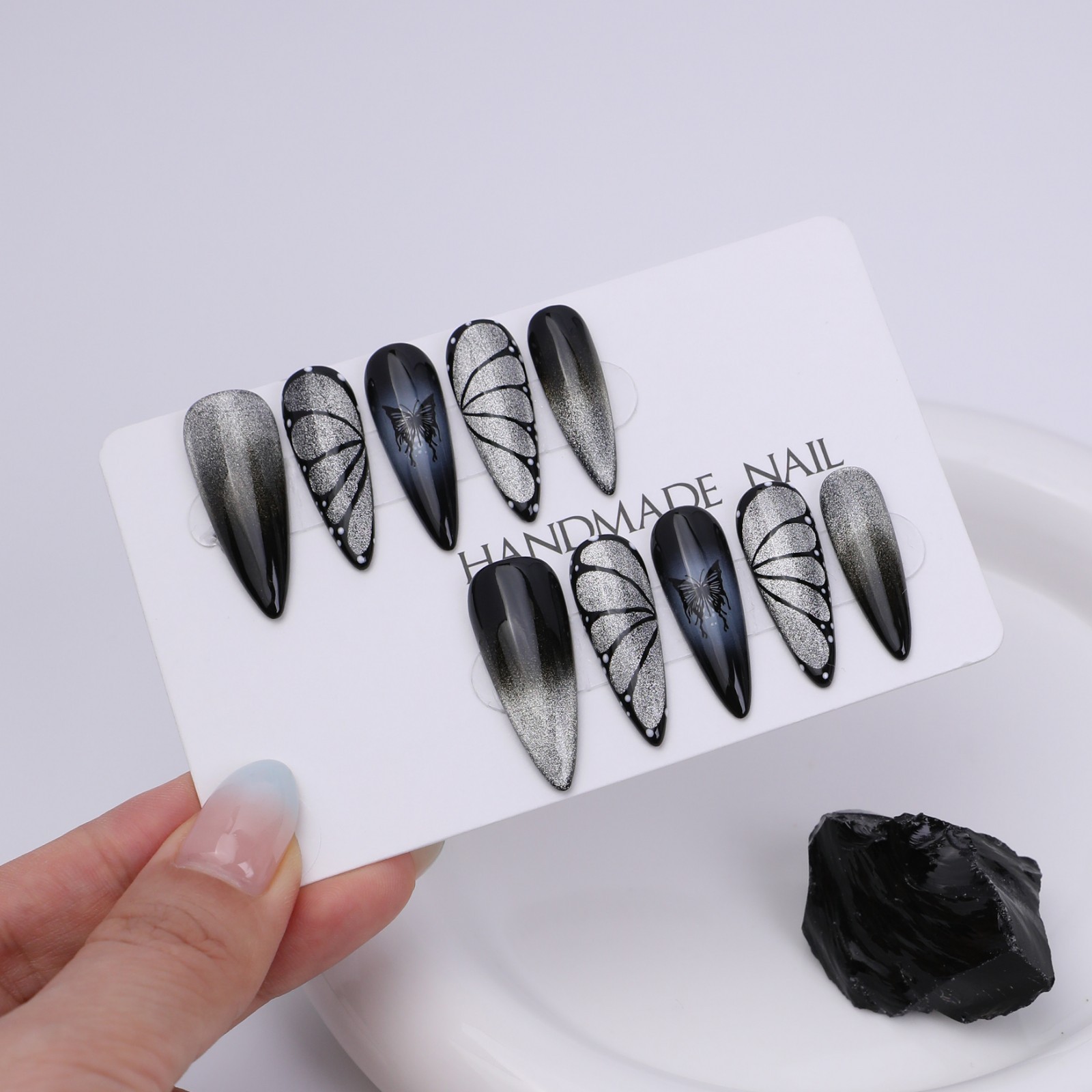Press On Nails Long Stiletto Black Silver Butterfly Wing Glitter Gothic Nail Set