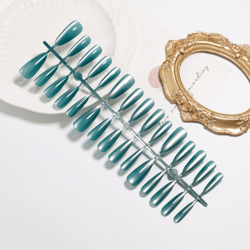 60Pcs Teal Chrome Press on Nails, Long Stiletto Mirror Glossy Fake Nails