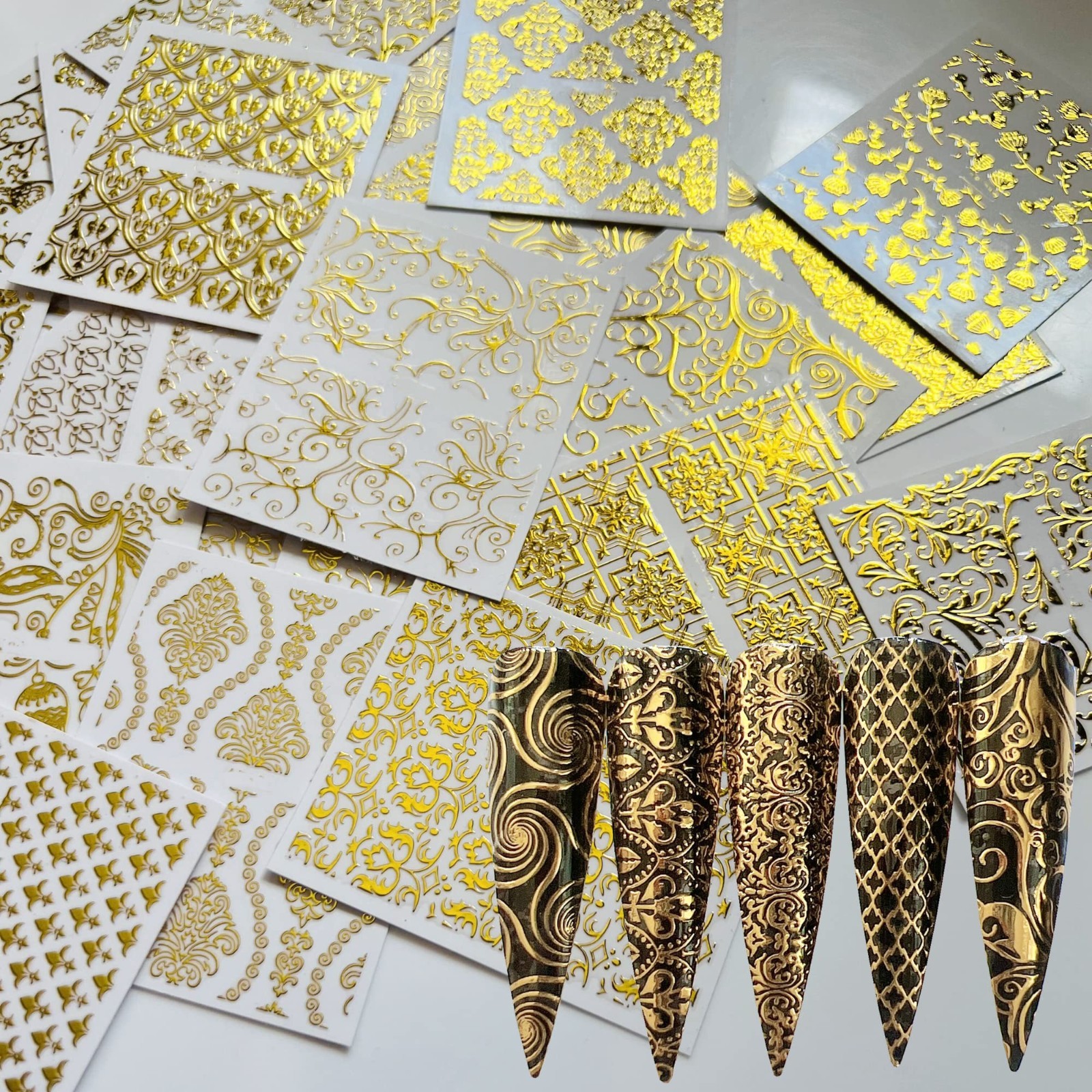 Luxury Gold Nail Art Stickers – 26 Sheets, Unique Shapes, Adhesive Decals for DI