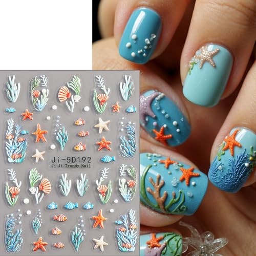 4 Sheets Summer Nail Art Stickers Decals 5D Embossed Self-Adhesive Ocean