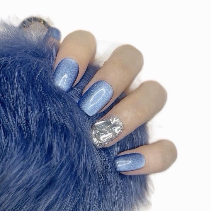 Tipora Press on Nails Short Square Gem-Like Blue Color with Sparkle Design 129