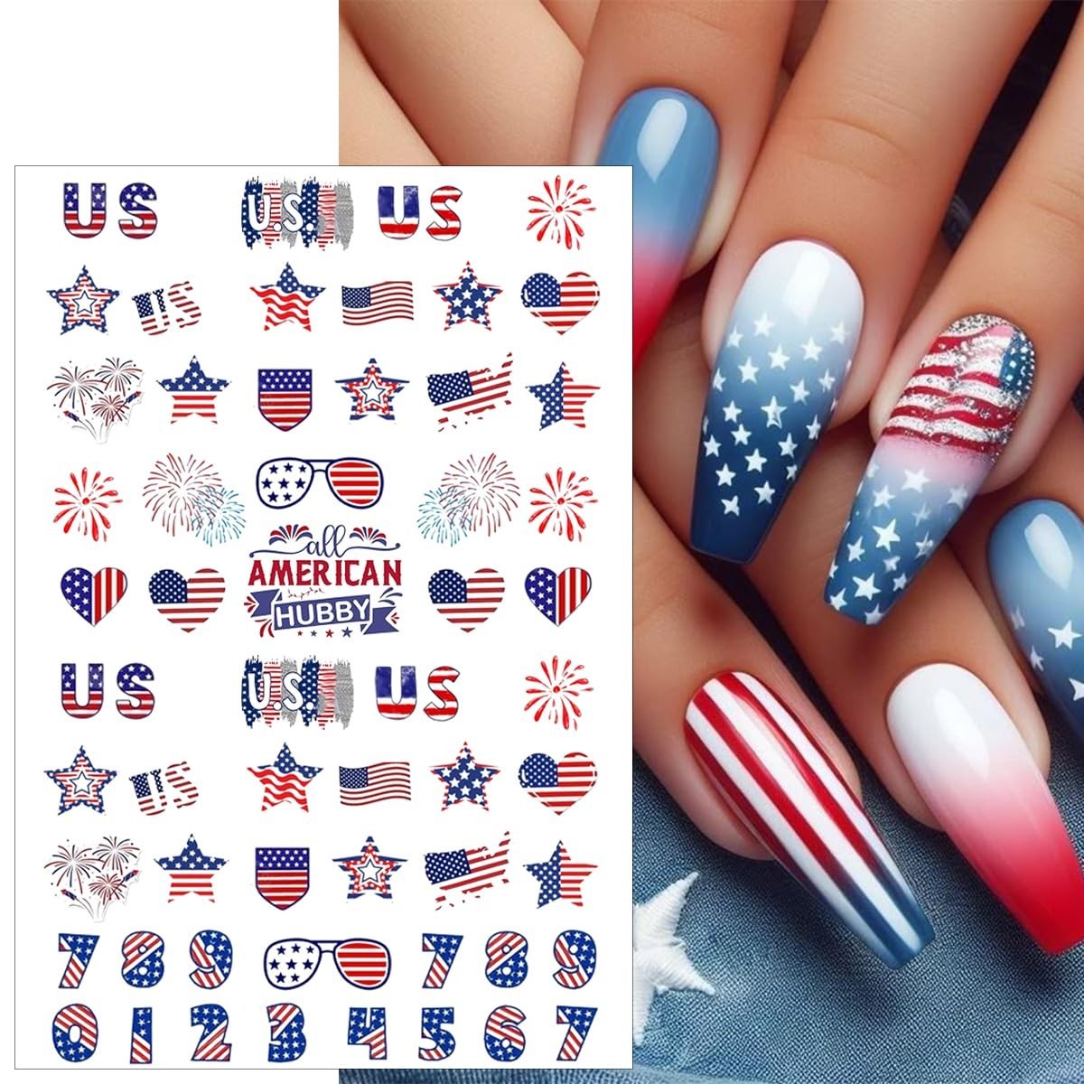 4th of July Nail Stickers – 6 Sheets 3D Self-Adhesive American Flag Decals, Fire