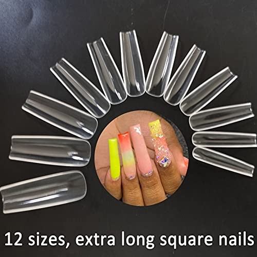 240pc XL Clear Acrylic Nail Tips Full Cover Extra Long Fake Nails Press Square