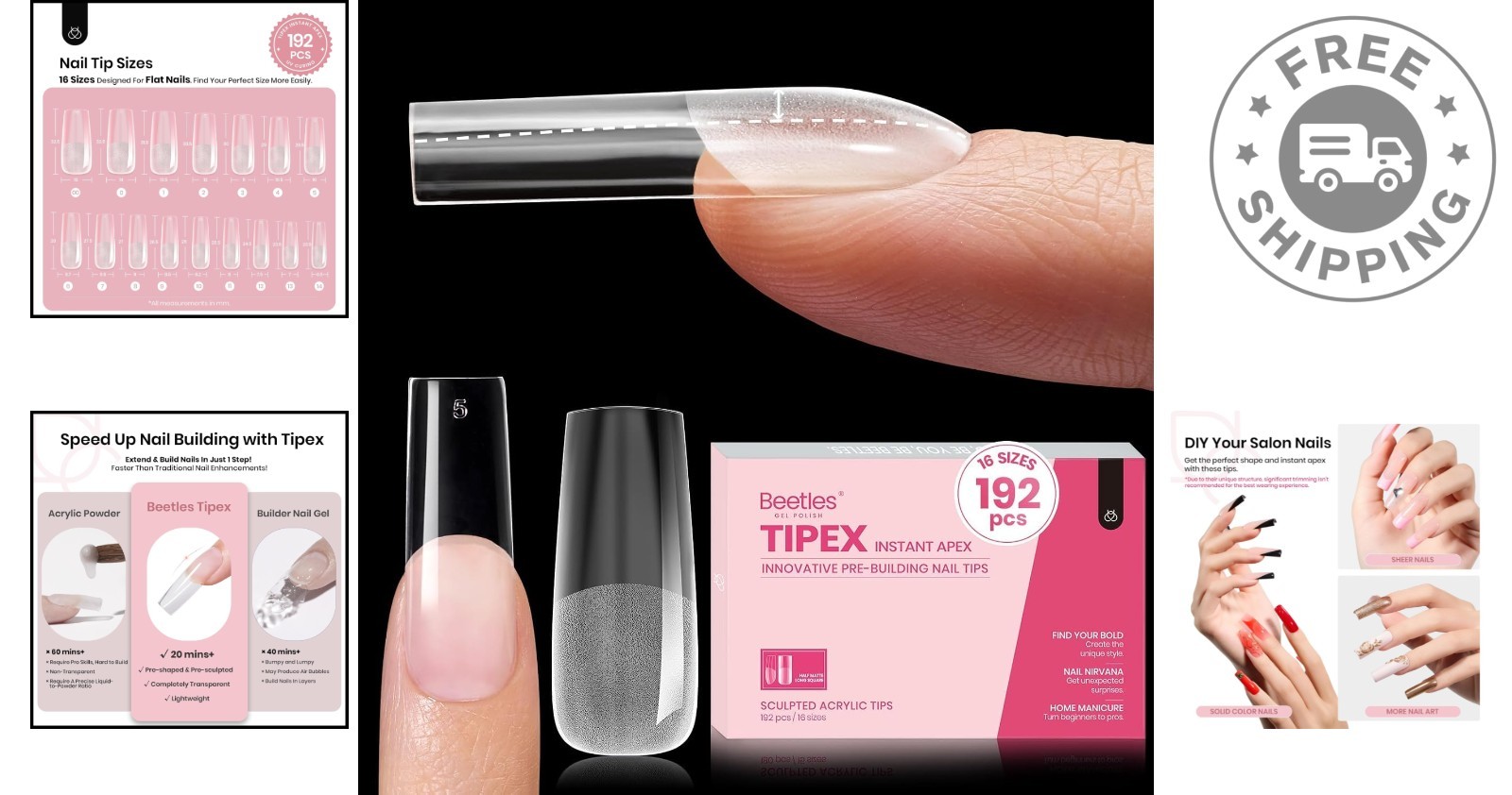 Strong Full Cover Press-On Nails – 192 Pcs Tipex Square Long Tips, Glossy Finish